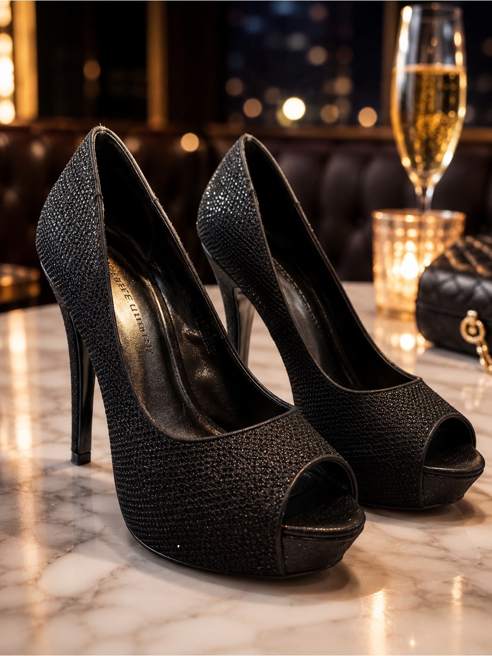 Chinese Laundry Black Sparkly Peep Toe Platform Heels Stiletto Pumps 8M